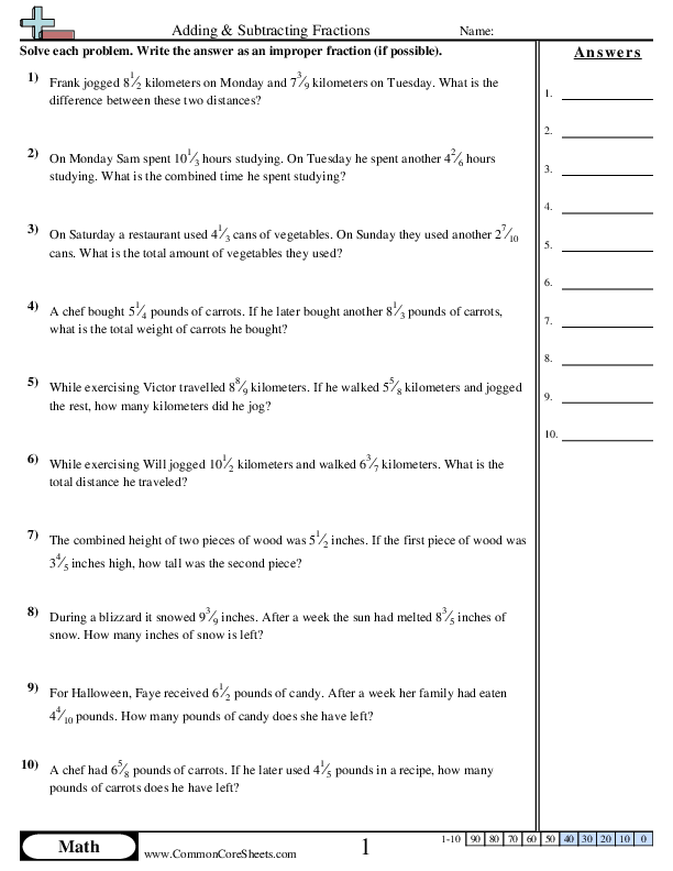 5.nf.2 Worksheets - Word Problems Different Denom worksheet